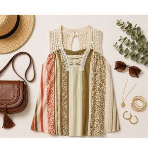 CAbi Patchwork Boho Tank Top XS Lace Trim Crochet Neck Festival Cottagecore